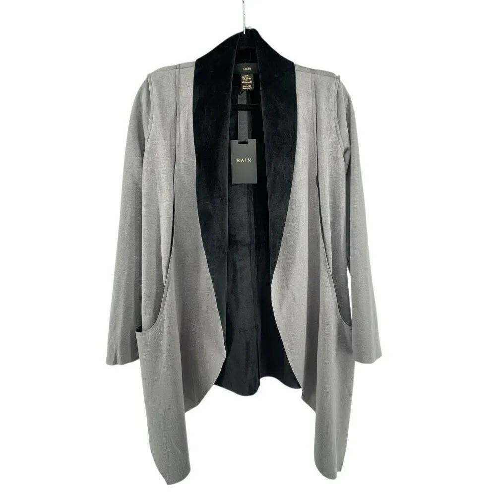 RAIN Women’s Grey Black Faux Suede Waterfall Drape Open Front Jacket Size Small